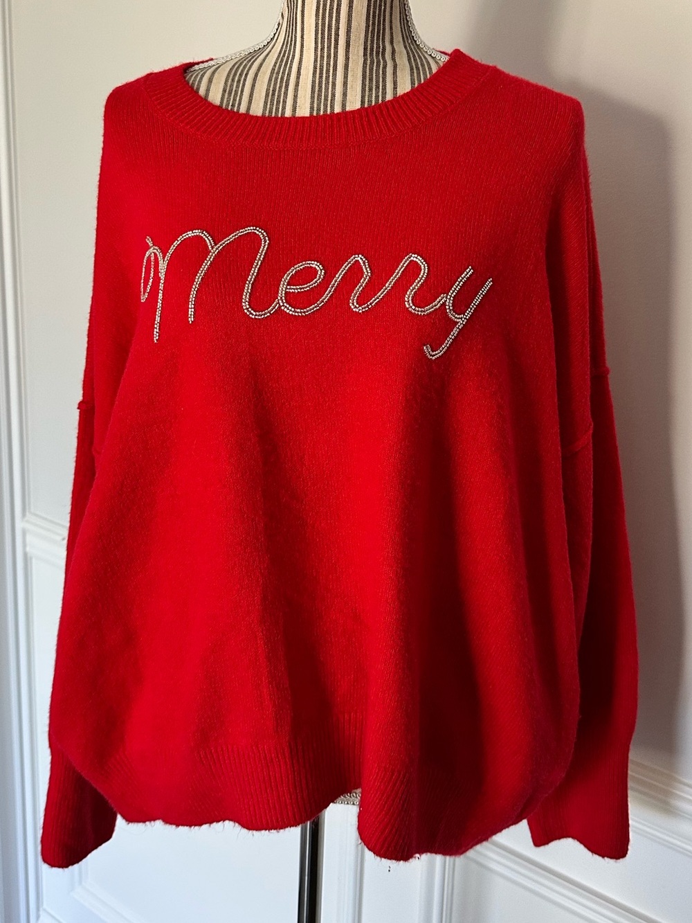 Vince Camuto Merry Sweater Red beaded Holiday Christmas XL